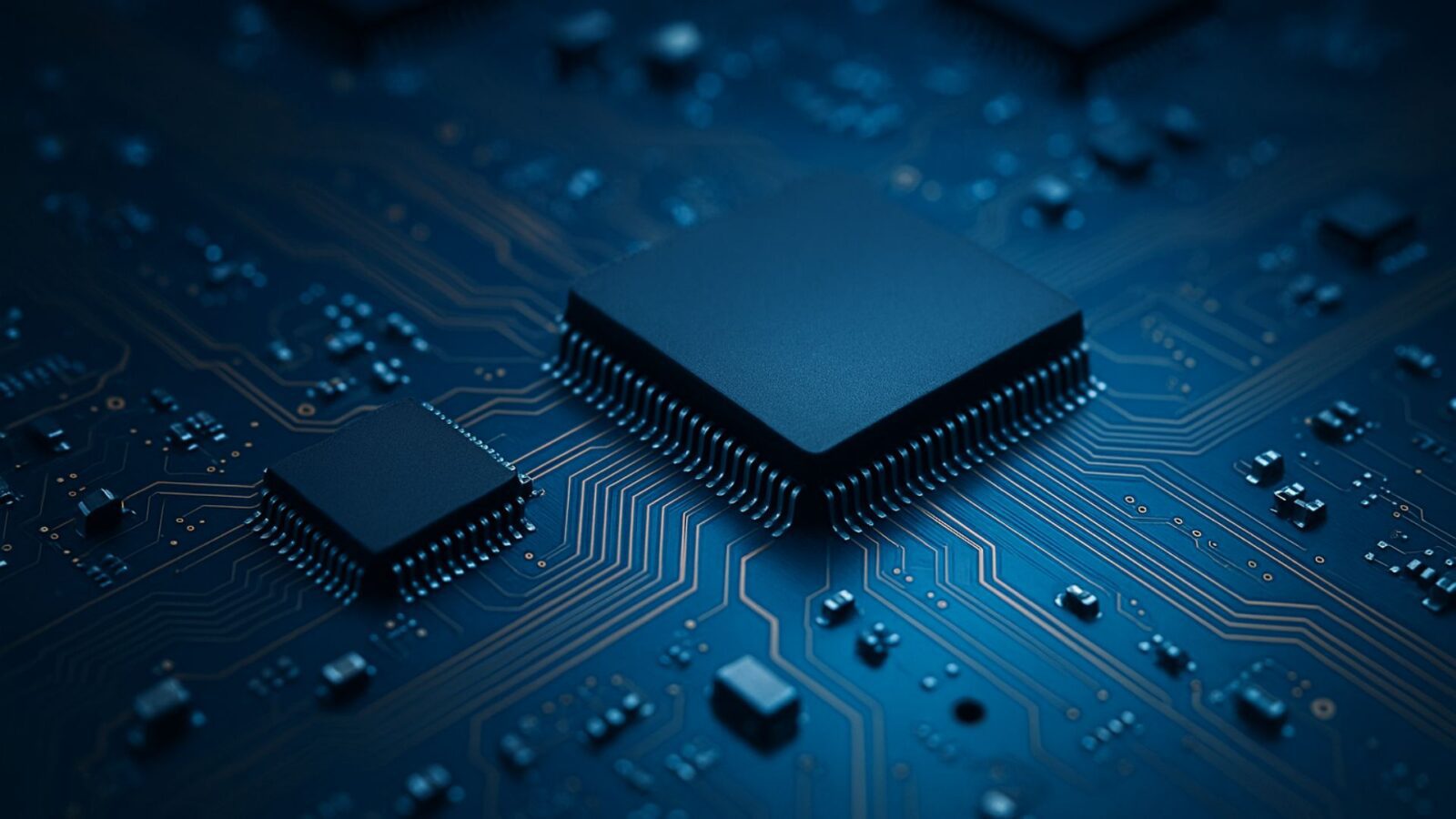 Fotografia realista de uma placa de circuito eletrônico com chips em destaque, luz azul suave representando tecnologia avançada, sem logos ou marcas.