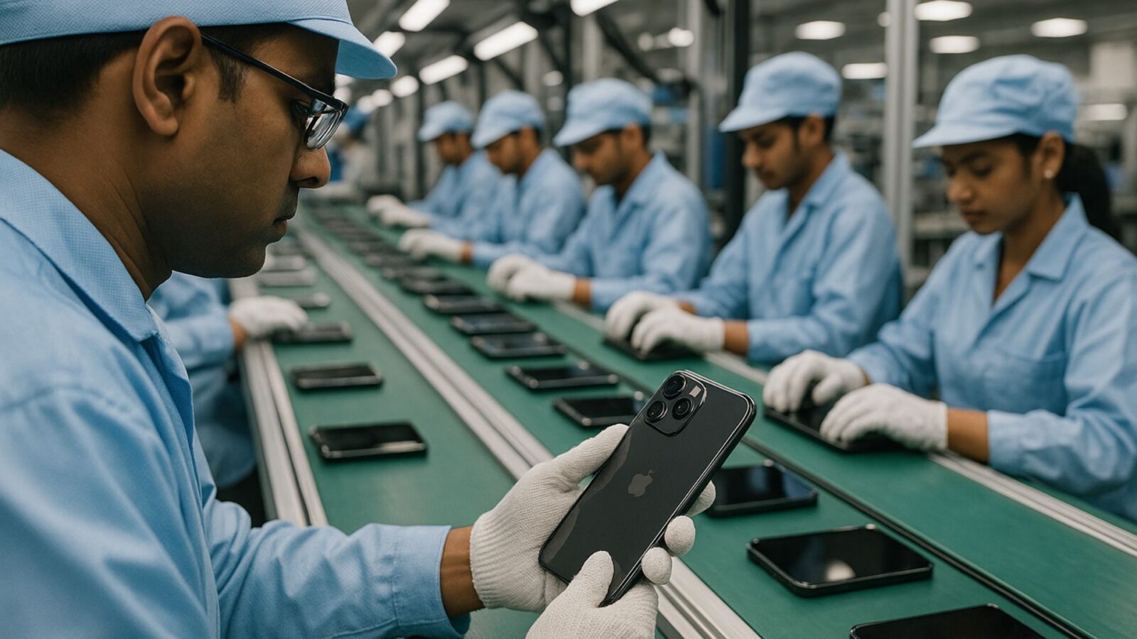 Fotografia realista de uma linha de montagem moderna de smartphones, com operários indianos trabalhando em ambiente tecnológico limpo e luz neutra, sem logos ou marcas.