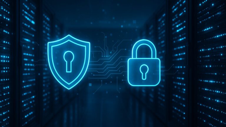 Visual realista de um datacenter moderno iluminado em tons de azul, com hologramas digitais de cadeados e escudos flutuando, representando proteção avançada, sem texto e sem marcas.
